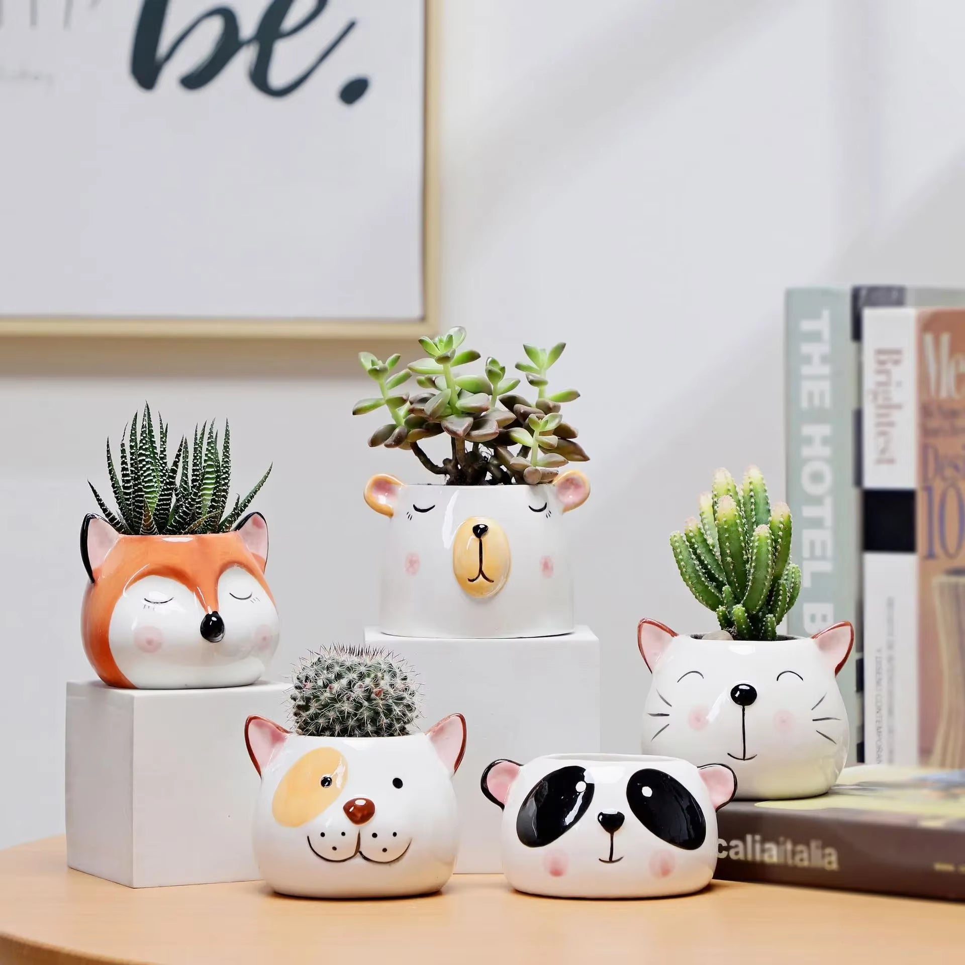 1Pcs Nordic Style Ceramic Animal Flower Pot Cartoon Bear Cat Cow Head Mini Pot Succulents Plants Bonsai Pots Home Decoration